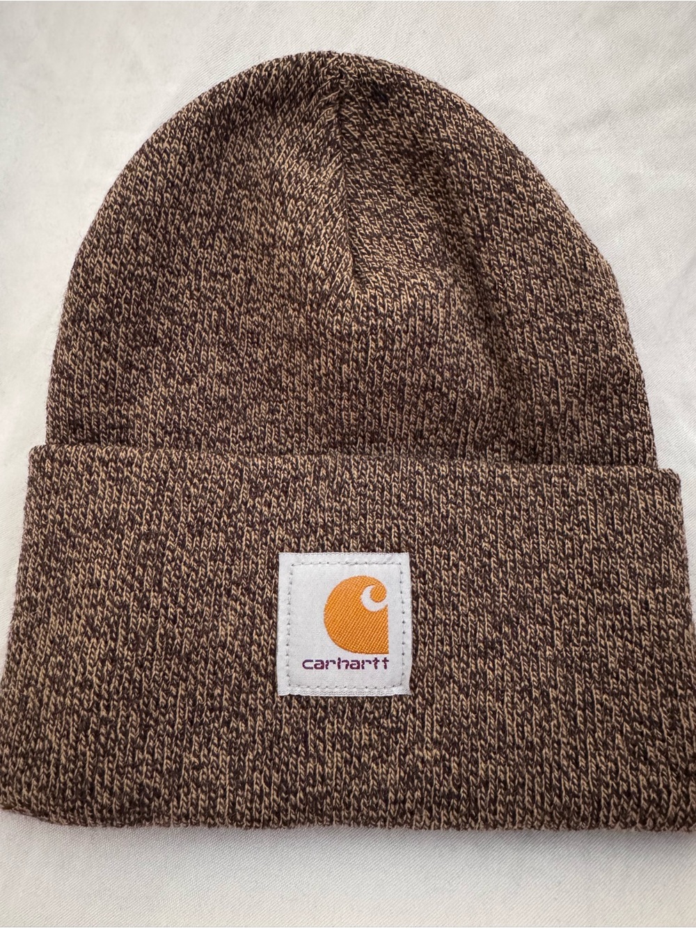 NEW Carhartt Brown Marled Knit Cuffed Beanie with Orange Logo